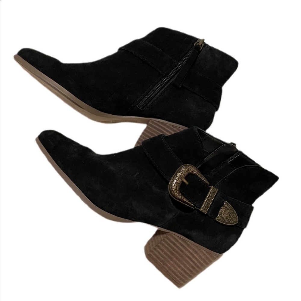 Black ankle booties with western buckle detail